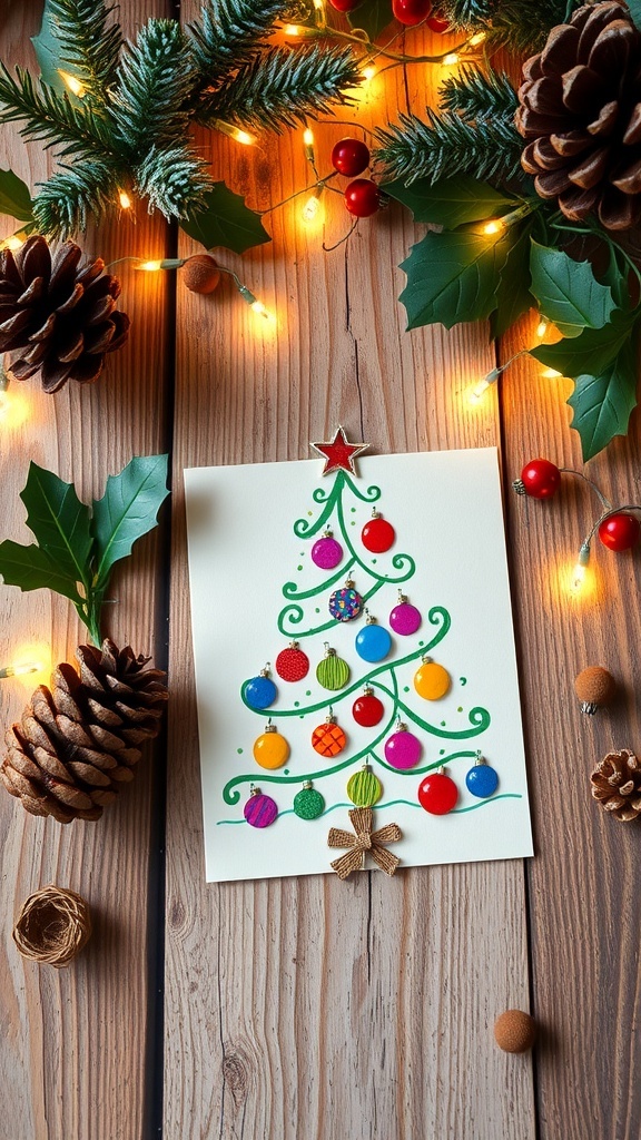 A handmade Christmas card with a decorated tree on a wooden table with holiday decorations.